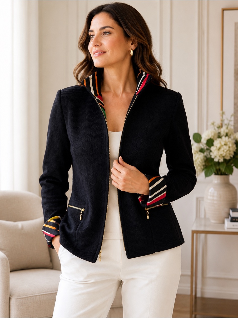 St John Collection Santana Knit Jacket Silk Lined Zip Gold Hardware Size 4